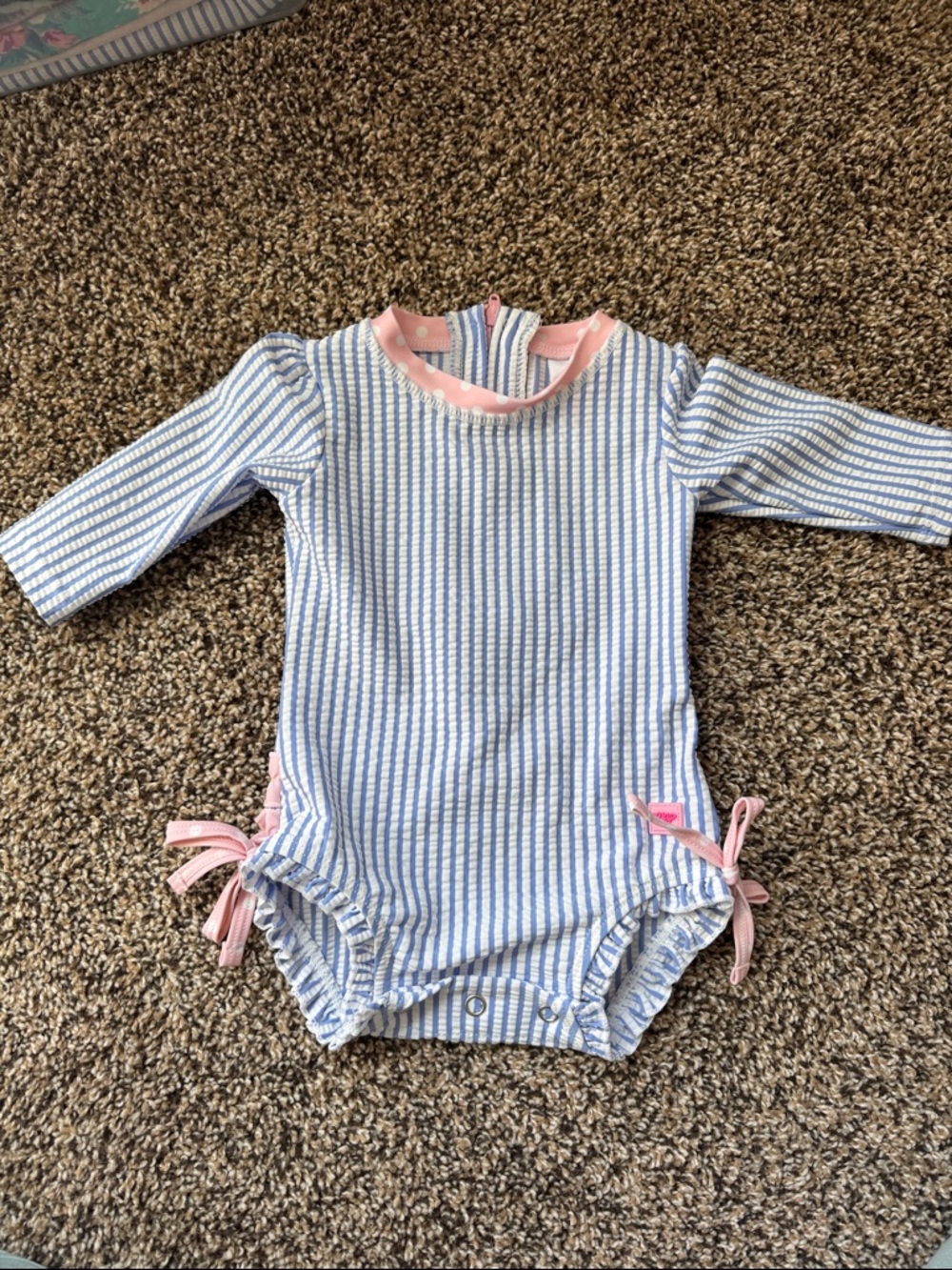 Ruffle Butts Blue and White Striped Long Sleeve One-Piece with Pink Trim